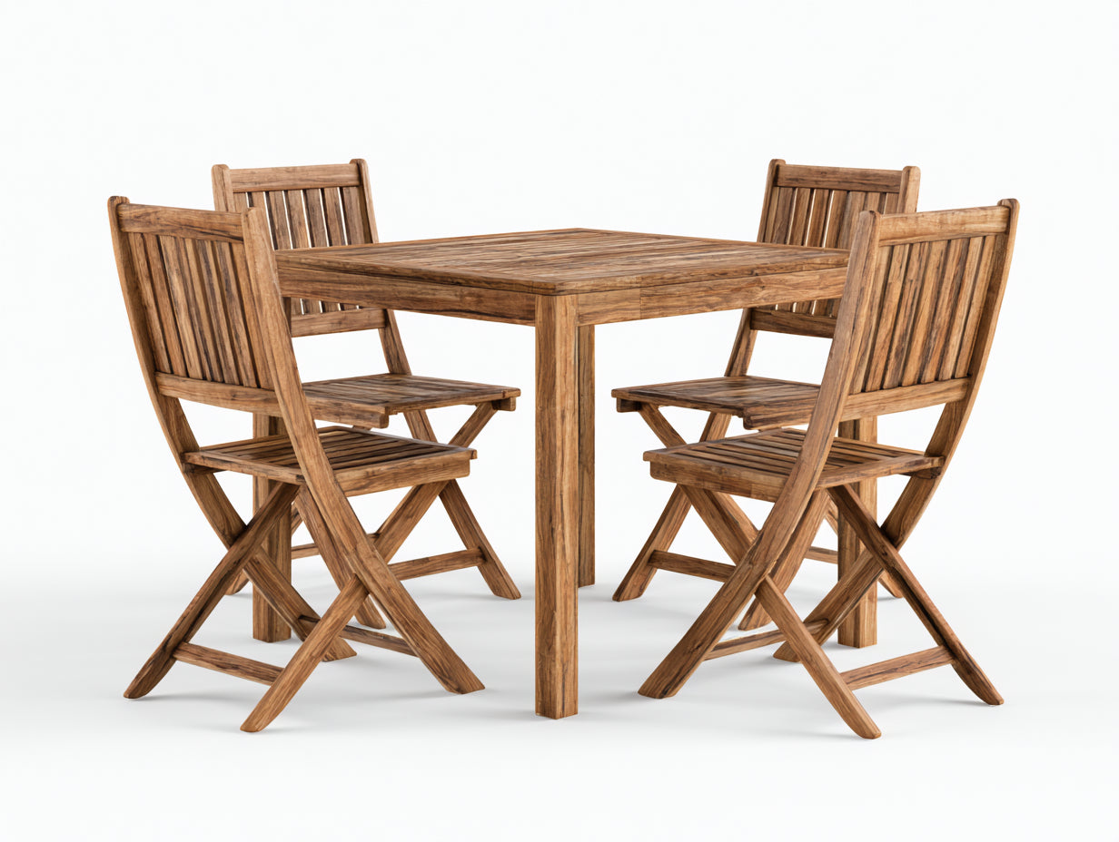 Set da pranzo da esterno - Legno massello - 90x90x75 cm - Naturale - Stile rustico pieghevole