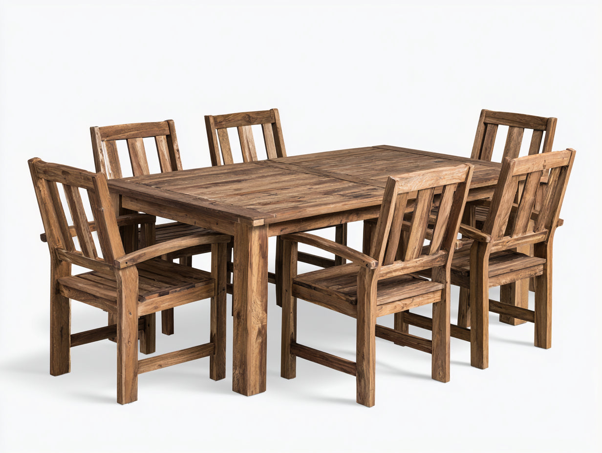Set da pranzo da esterno - Legno massello - 160x90x75 cm - Naturale - Stile rustico moderno